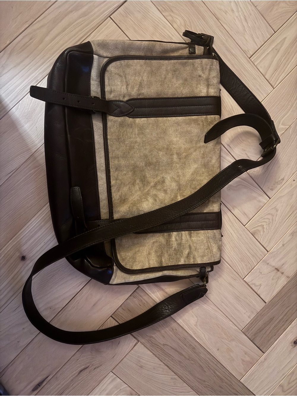 John Varvatos Canvas Messenger Bag in Beige and Dark Brown Leather